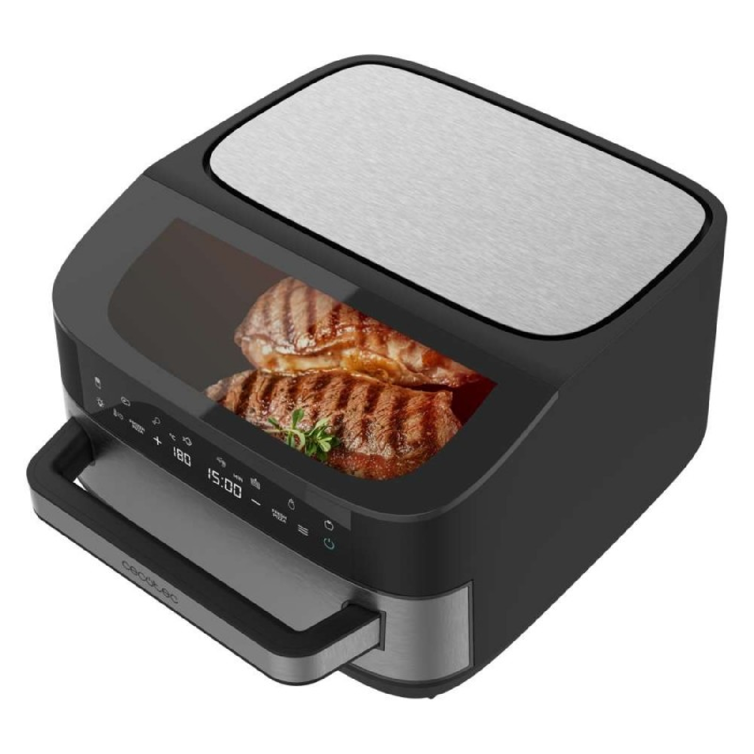 Una friggitrice ad aria nera con bistecca cotta all'interno e display digitale.