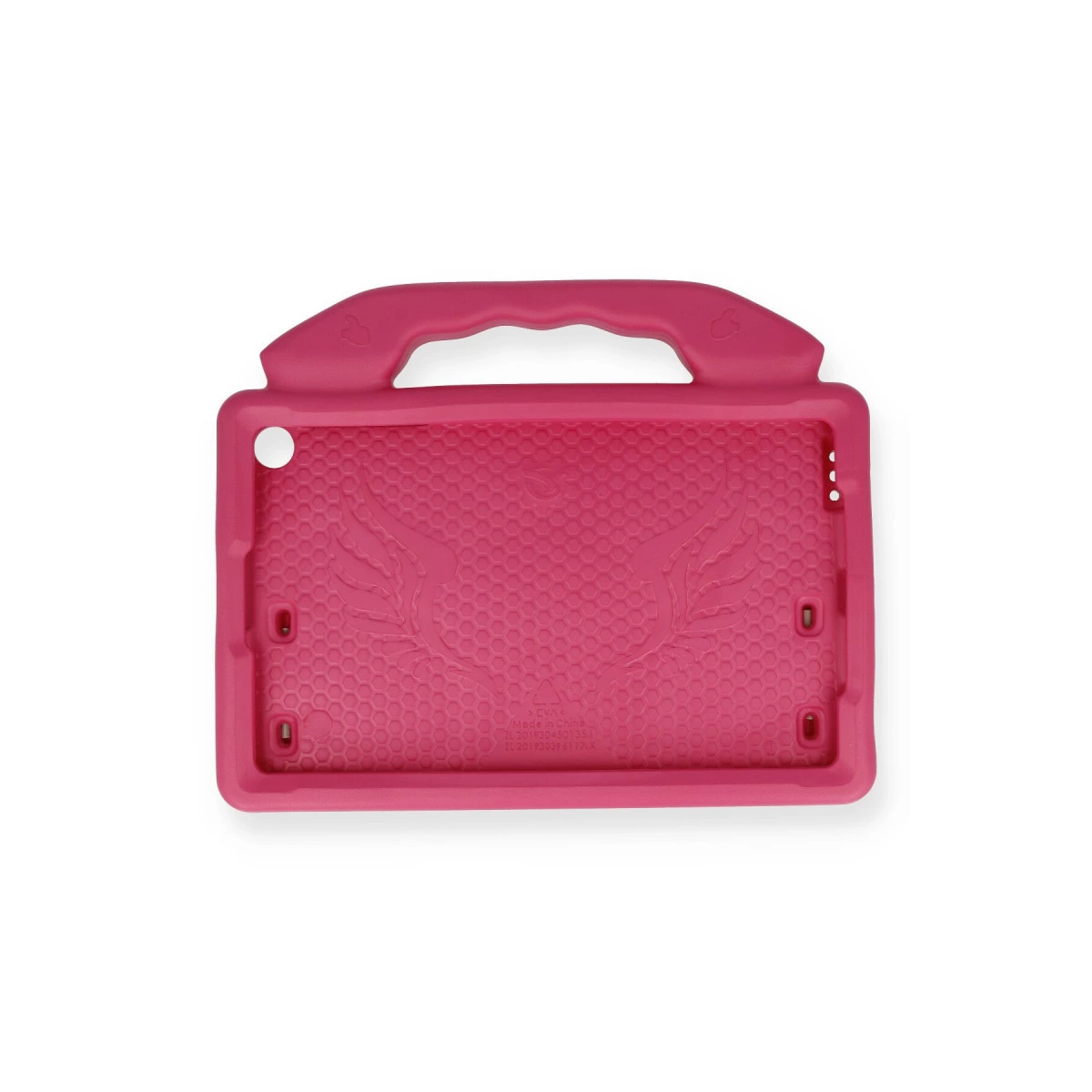 Pembe tablet kılıfı, saplı ve kanat tasarımlı.