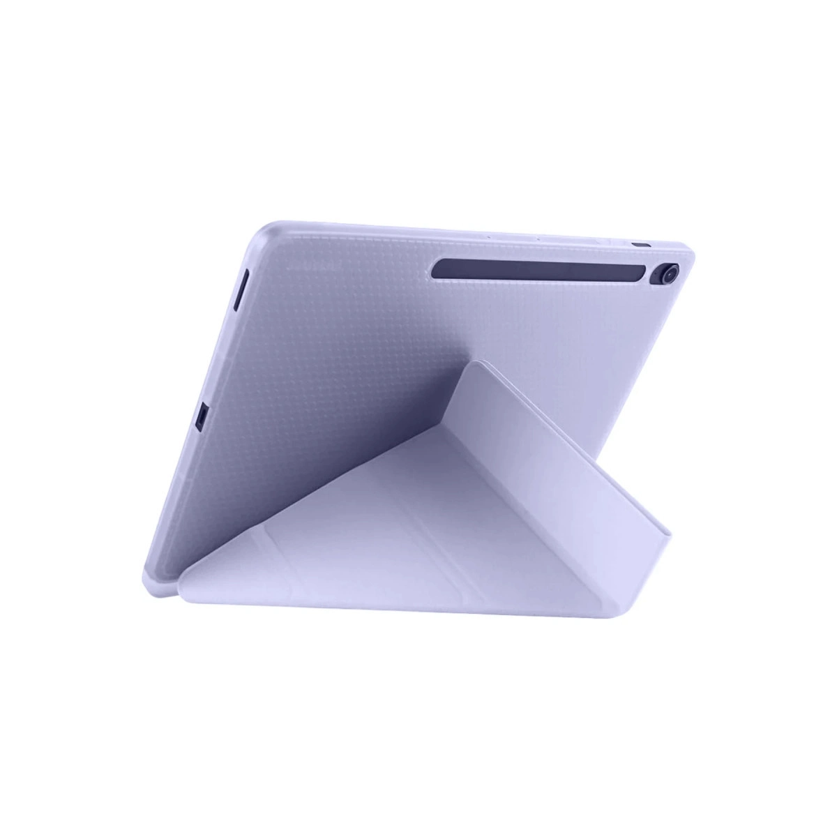 Bir destek görevi gören katlanabilir kılıflı mor tablet.