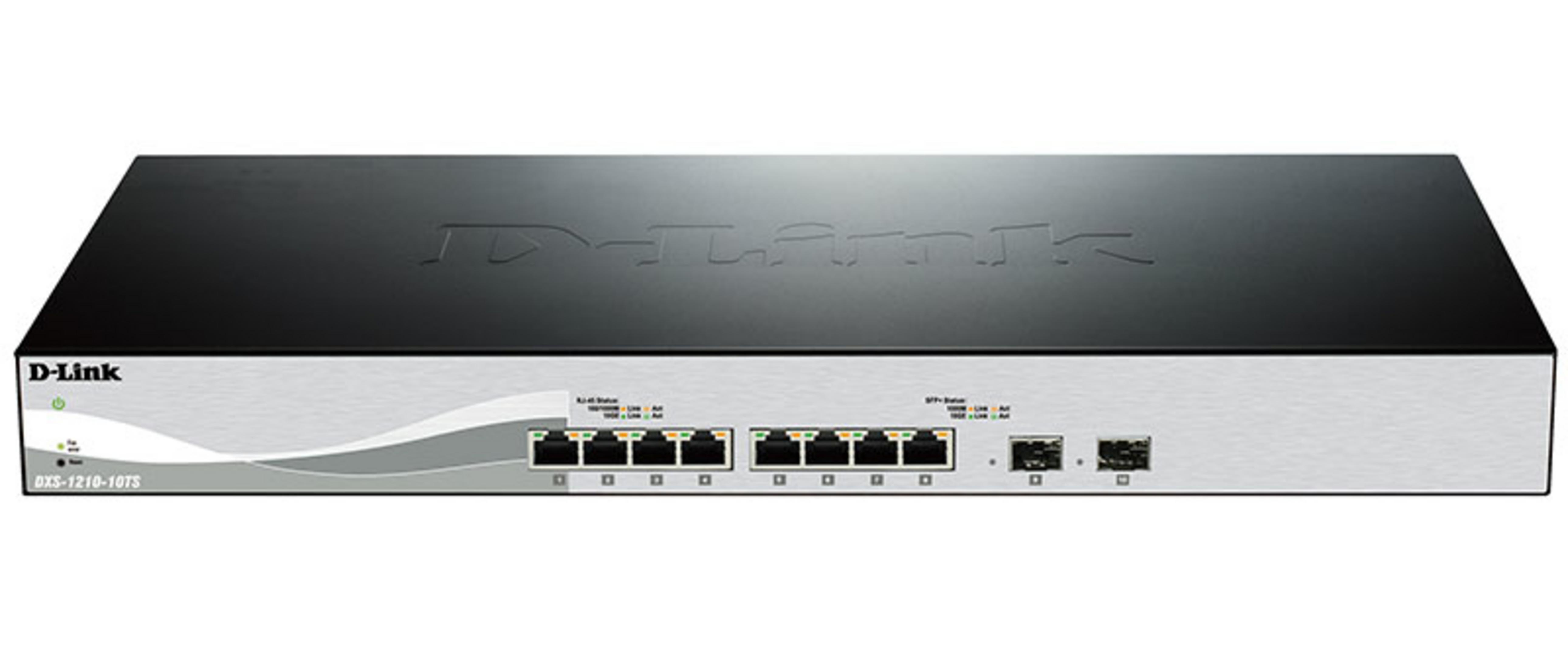 Uno switch di rete D-Link nero con pannello frontale argentato e porte.