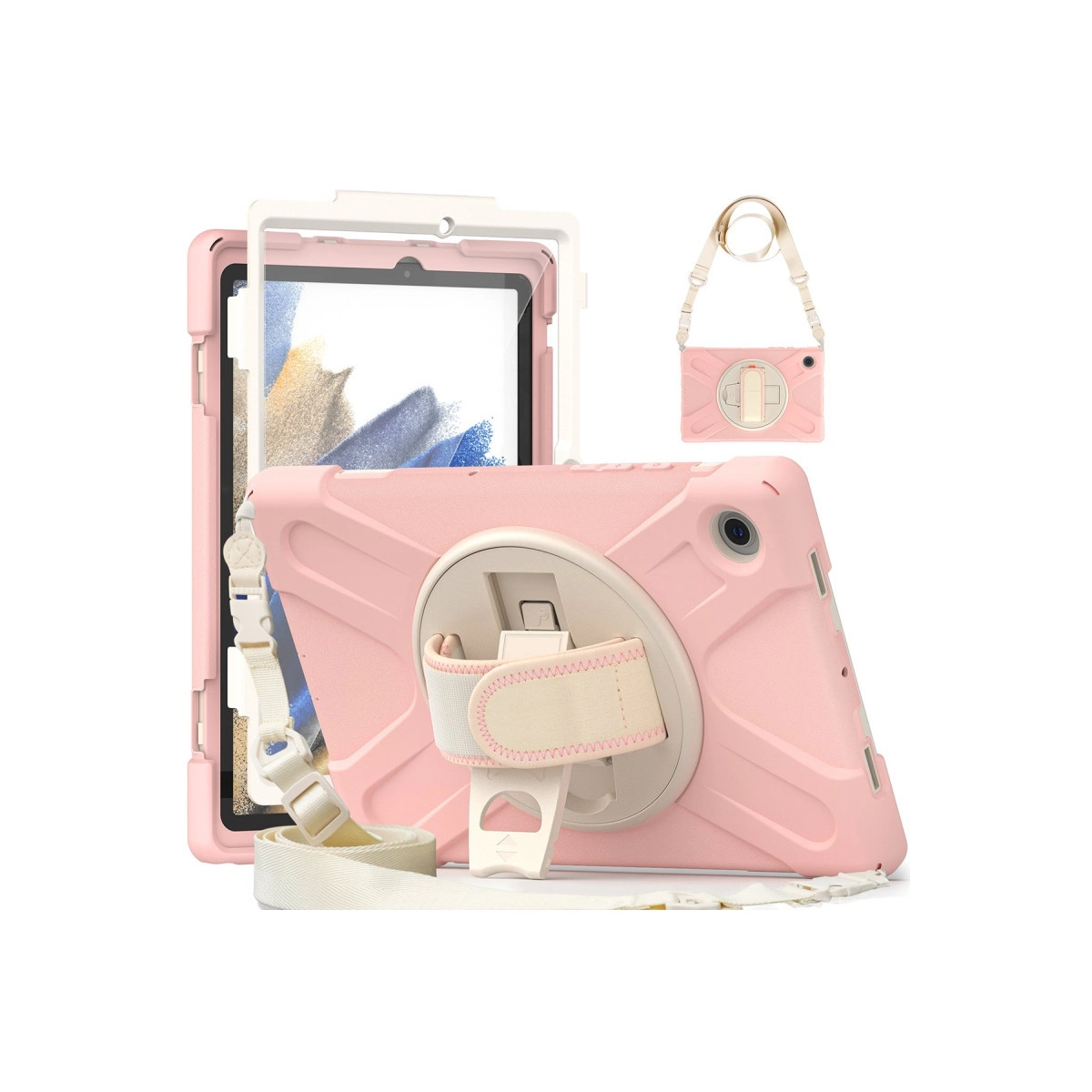 Standlı ve askılı pembe tablet kılıfı.