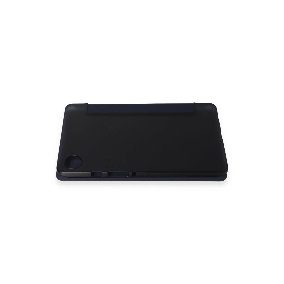 Beyaz zeminde, kılıf olarak da kullanılan siyah tablet standı.