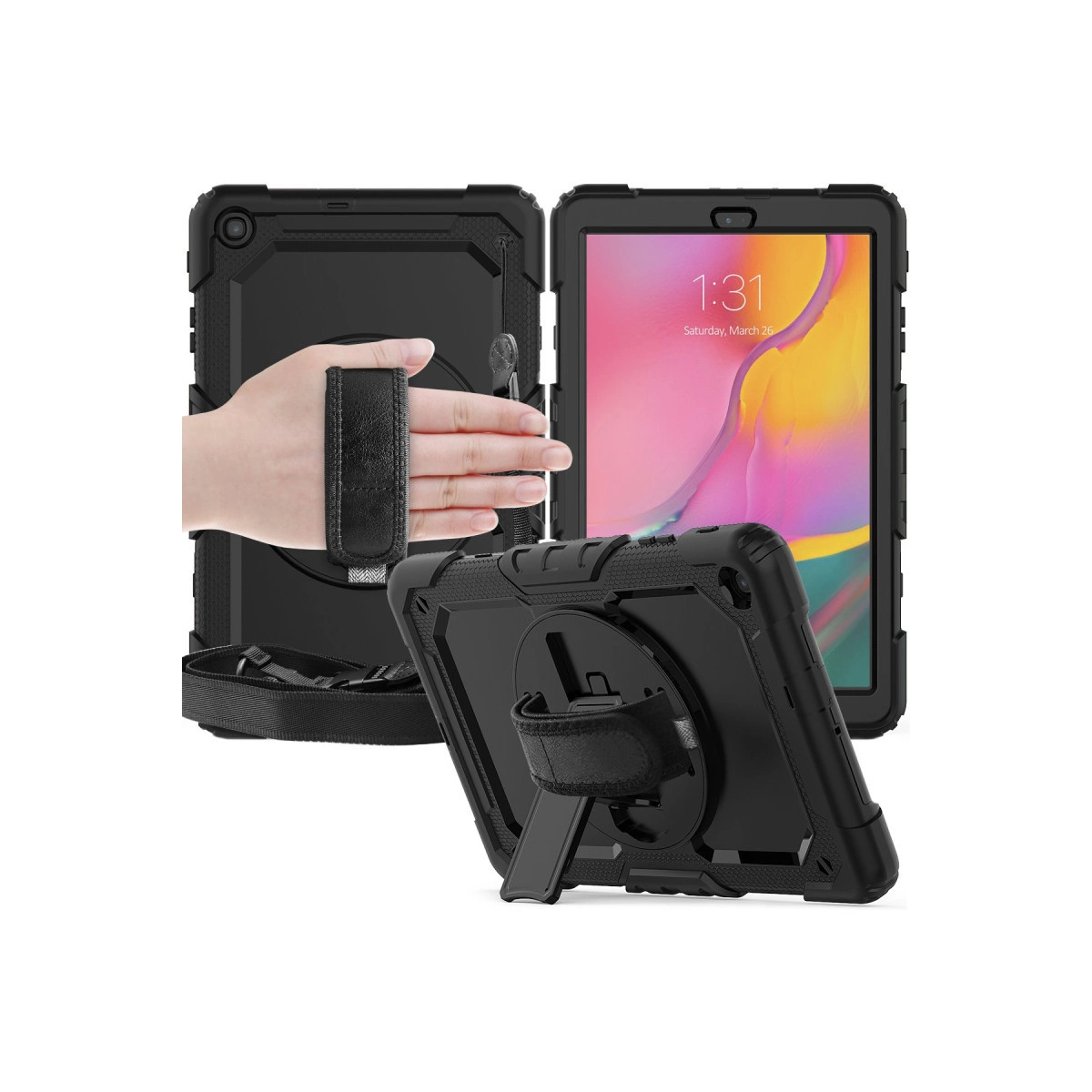 Bir elde tutulan tablet kılıfının farklı açılardan görünümü.