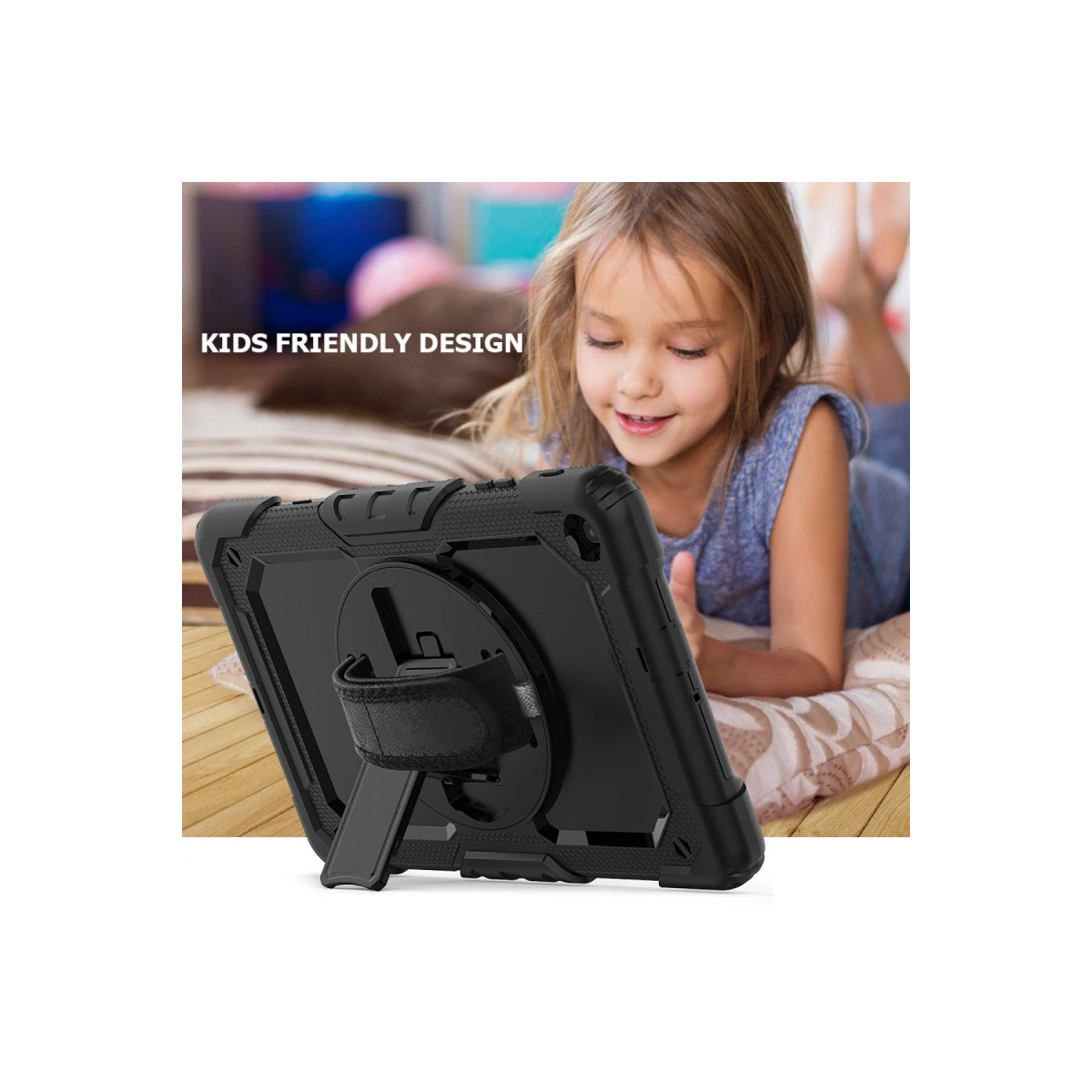 Ayaklıklı siyah tablet kılıfı, önünde gülümseyen bir kız çocuğu.