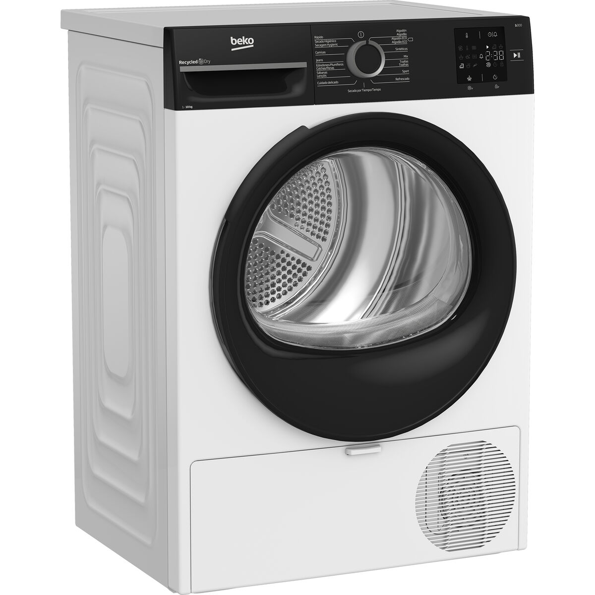 Vista frontale di un'asciugatrice Beko bianca con porta e pannello di controllo neri.