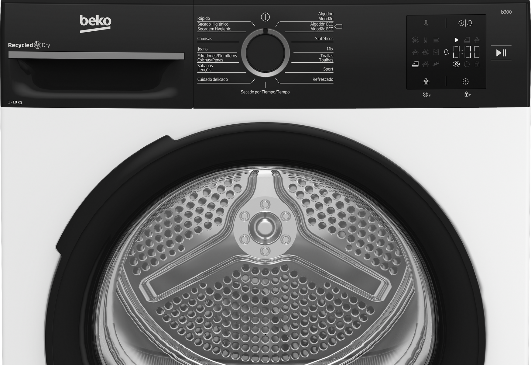 Un'asciugatrice Beko bianca con porta e pannello di controllo neri. Mostra vari programmi.