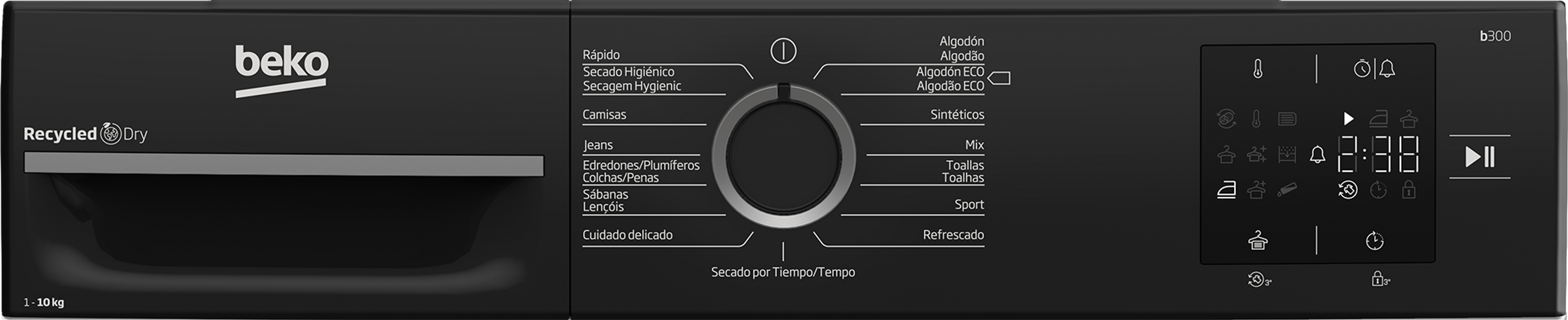 Pannello di controllo asciugatrice Beko con selezione programmi e display digitale.