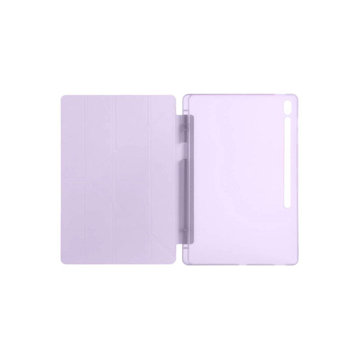 Açık mor tablet kılıfı beyaz arka planda açık duruyor.