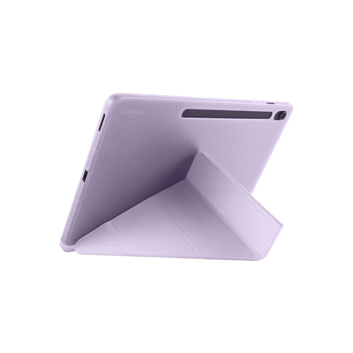 Yan taraftan görünen, entegre stantlı mor tablet.
