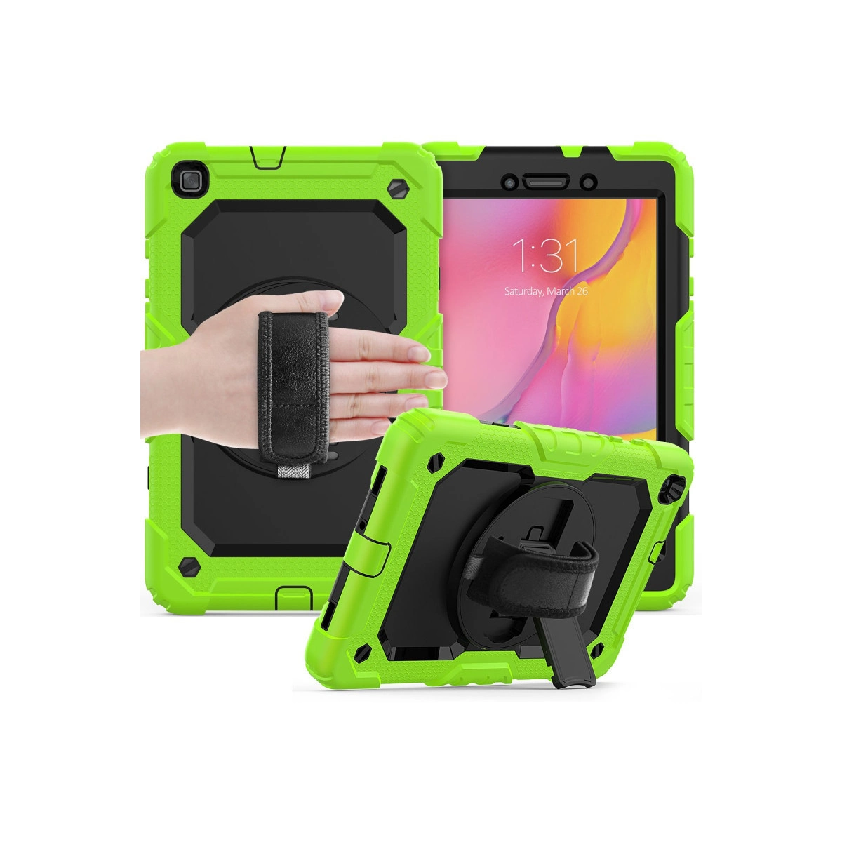 Mavi tablet kılıfı, stantlı ve el kayışlı, beyaz arka planda.