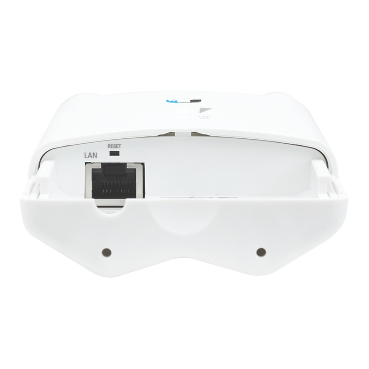 Un extender WiFi bianco con porta LAN e pulsante di reset.