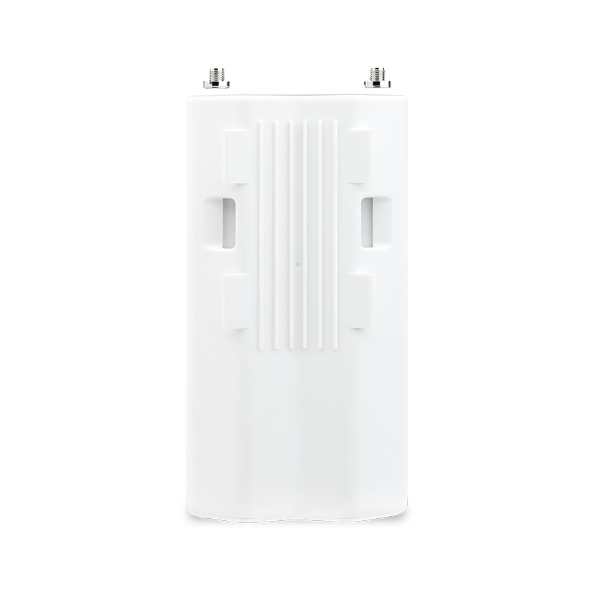 Un dispositivo bianco e allungato con due connettori per antenna in alto e scanalature verticali.