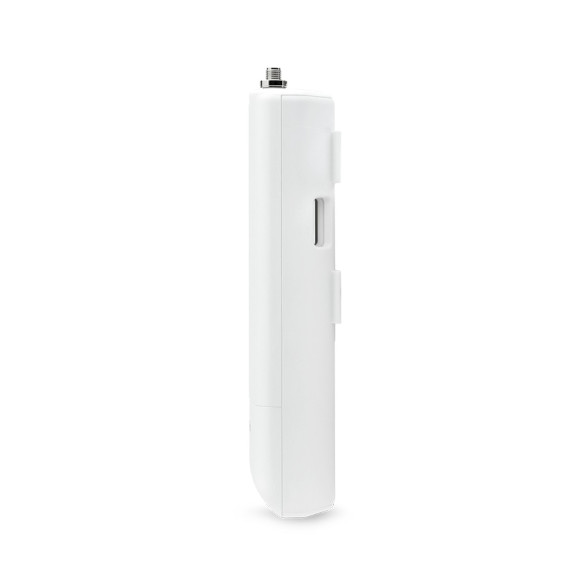 Un dispositivo rettangolare bianco con un connettore in alto, isolato su sfondo bianco.