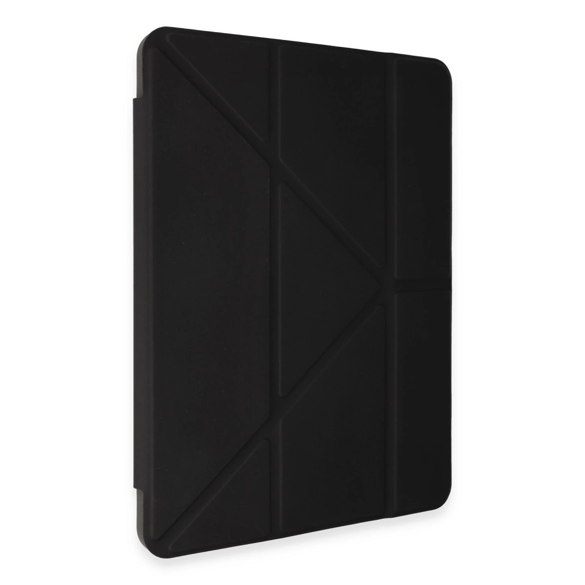 Geometrik desenli siyah tablet kılıfı, beyaz zemin üzerinde.