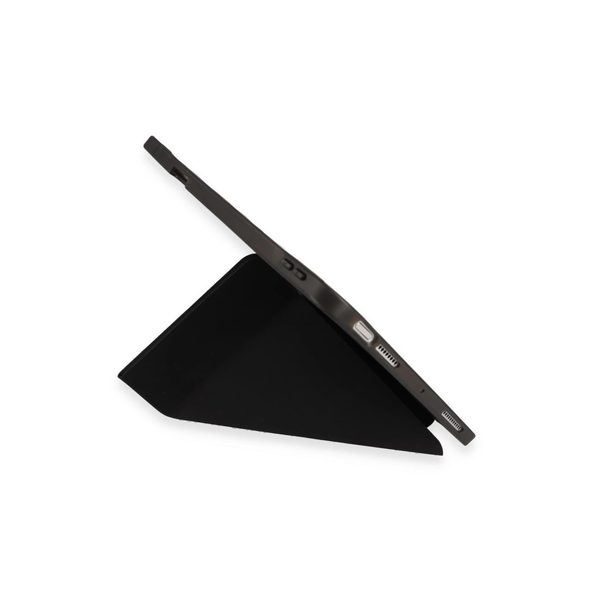 Stand olarak kullanılan siyah kılıflı siyah tablet.