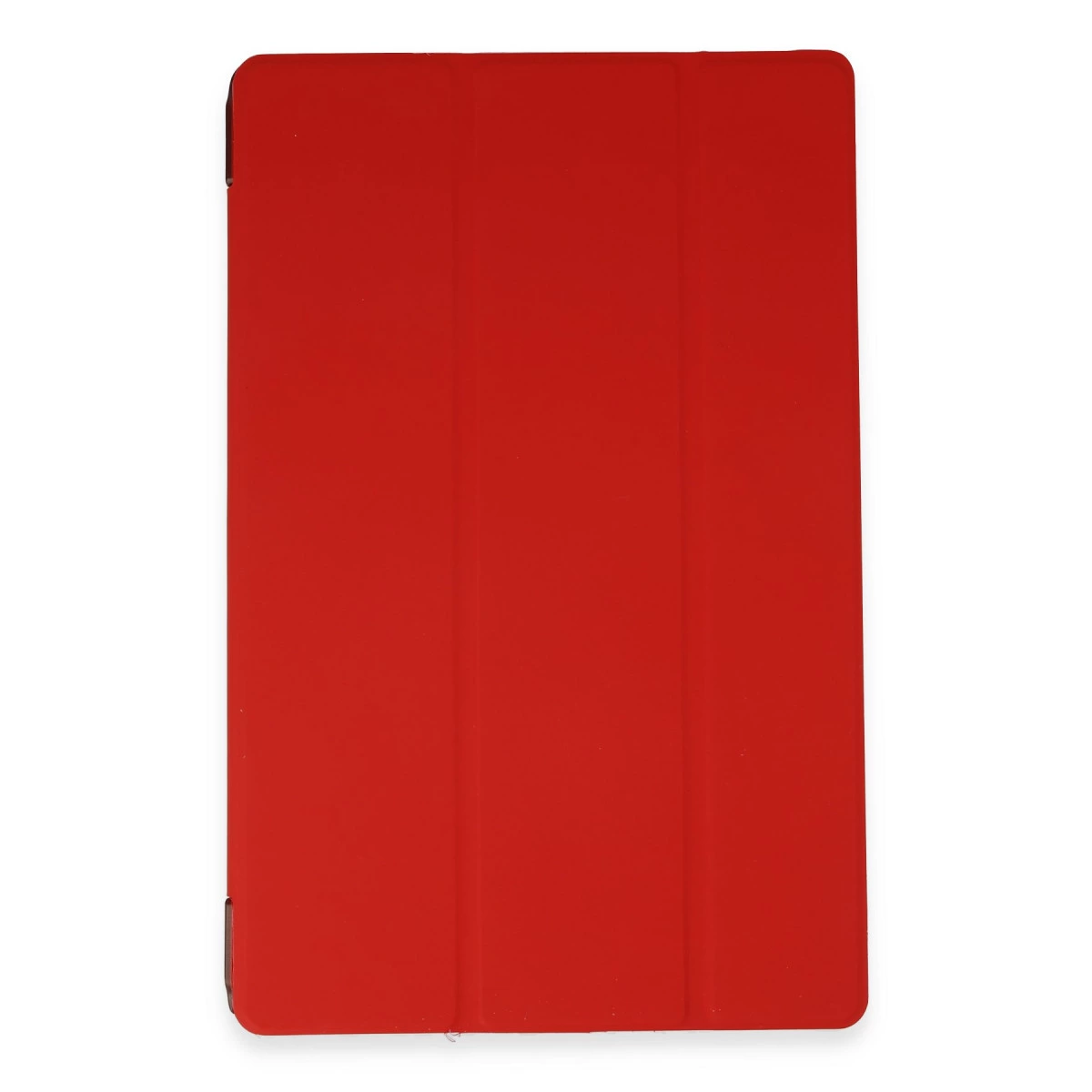 Üç katlı kırmızı tablet kılıfı beyaz zeminde duruyor.