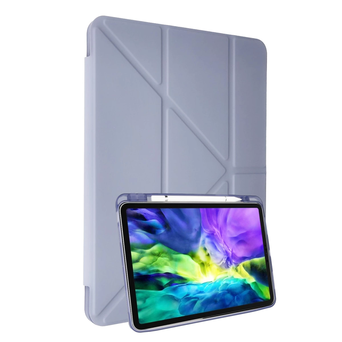 Renkli duvar kağıdı ve ekran kalemi olan gri tablet.