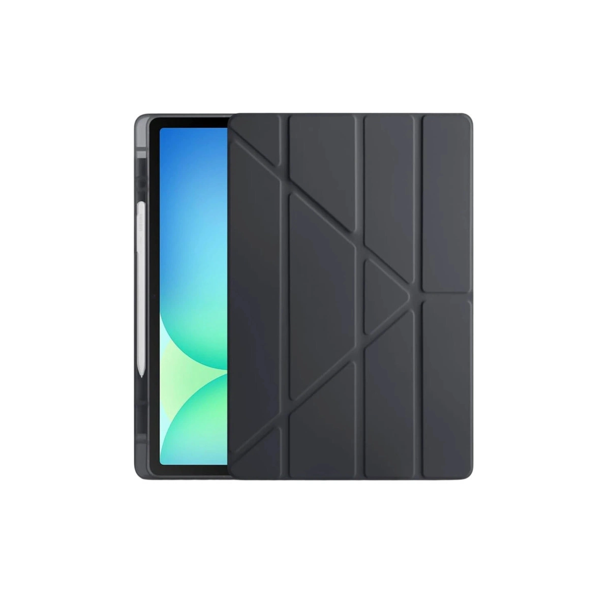 Sol tarafta kalem ve açık folio kılıfı olan koyu gri tablet.