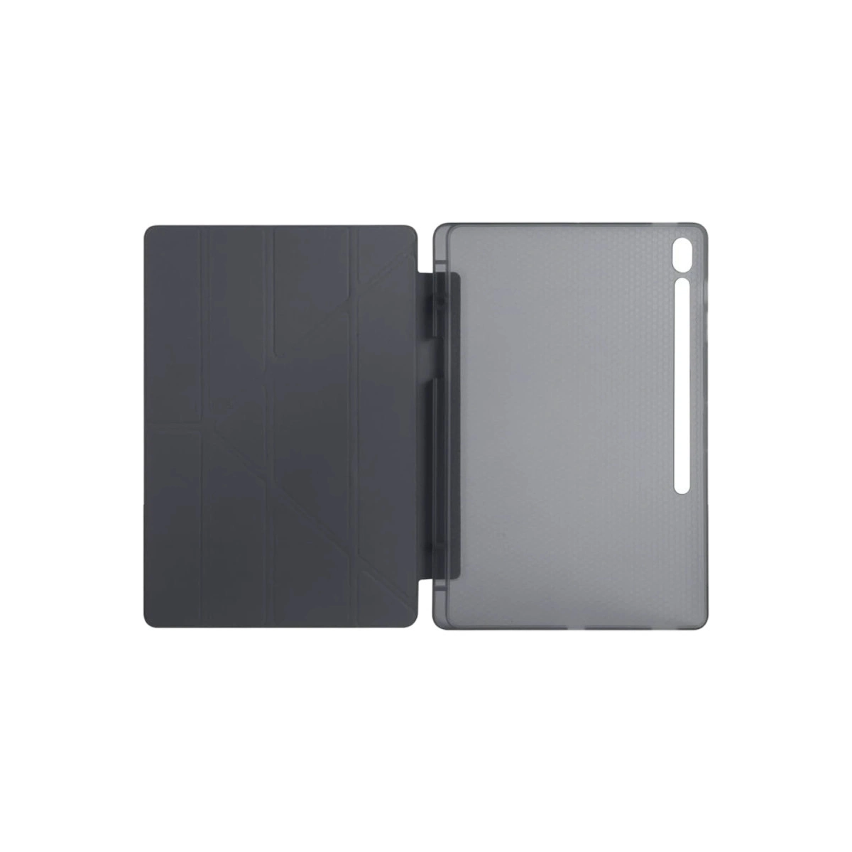 Şeffaf arkalıklı ve katlanmış ön kapaklı koyu renk tablet standı.