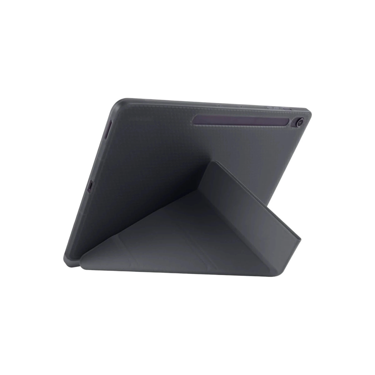 Beyaz bir yüzey üzerinde duran tableti olan koyu renk tablet standı.