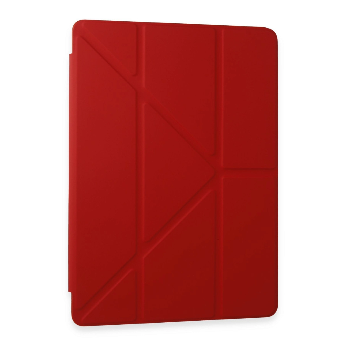 Katlanmış ön kapağı ve geometrik desenleri olan kırmızı tablet kılıfı.