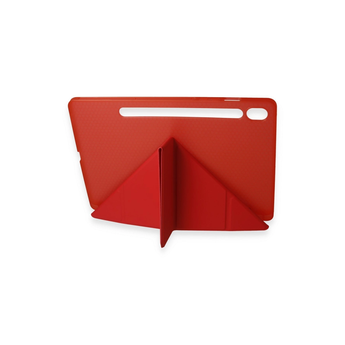 Entegre stantlı kırmızı tablet kılıfı, geriye doğru katlanmış.
