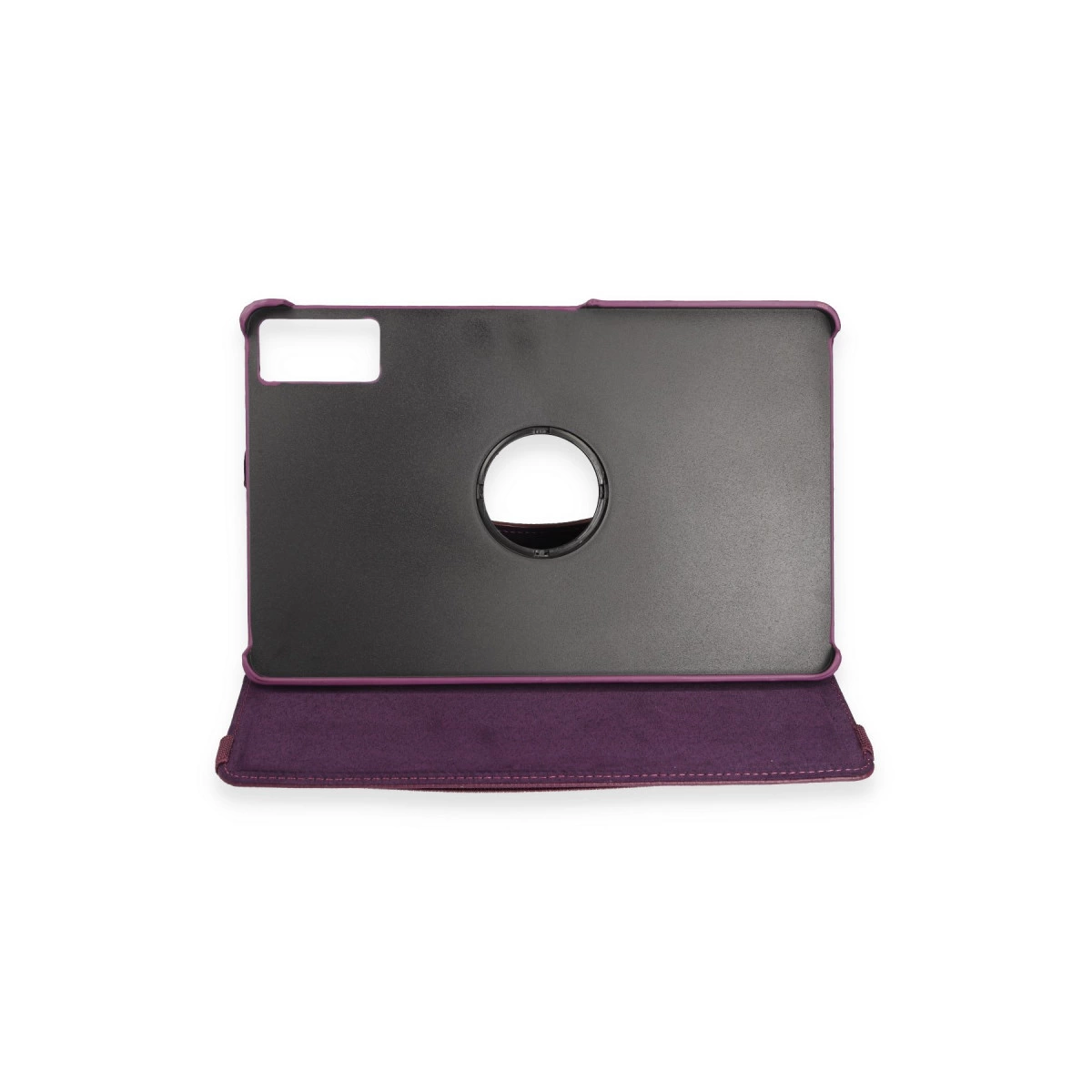Ortasında dairesel bir delik bulunan mor kenarlı koyu tablet kılıfı.