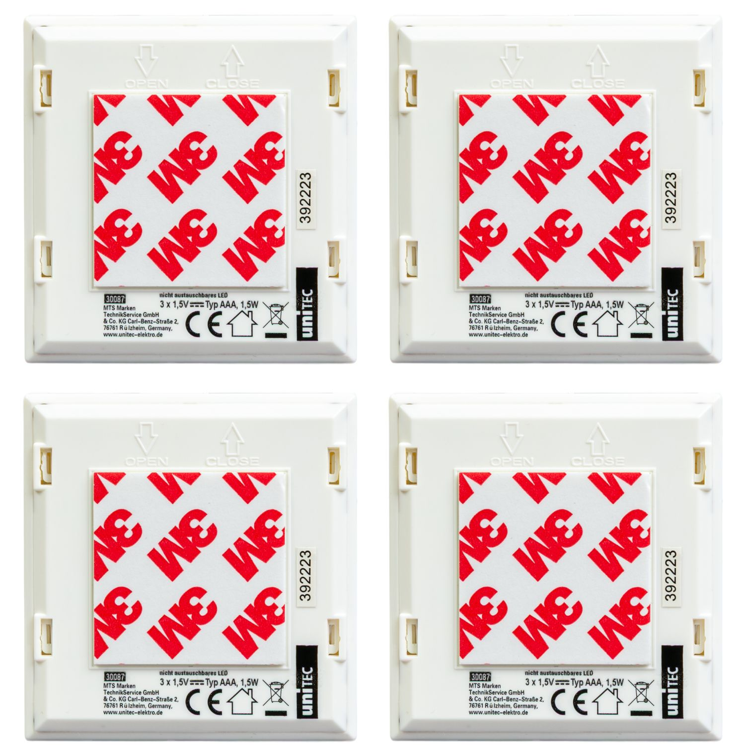 Vier Rückseiten von Geräten mit 3M Klebeflächen und Produktinformationen.