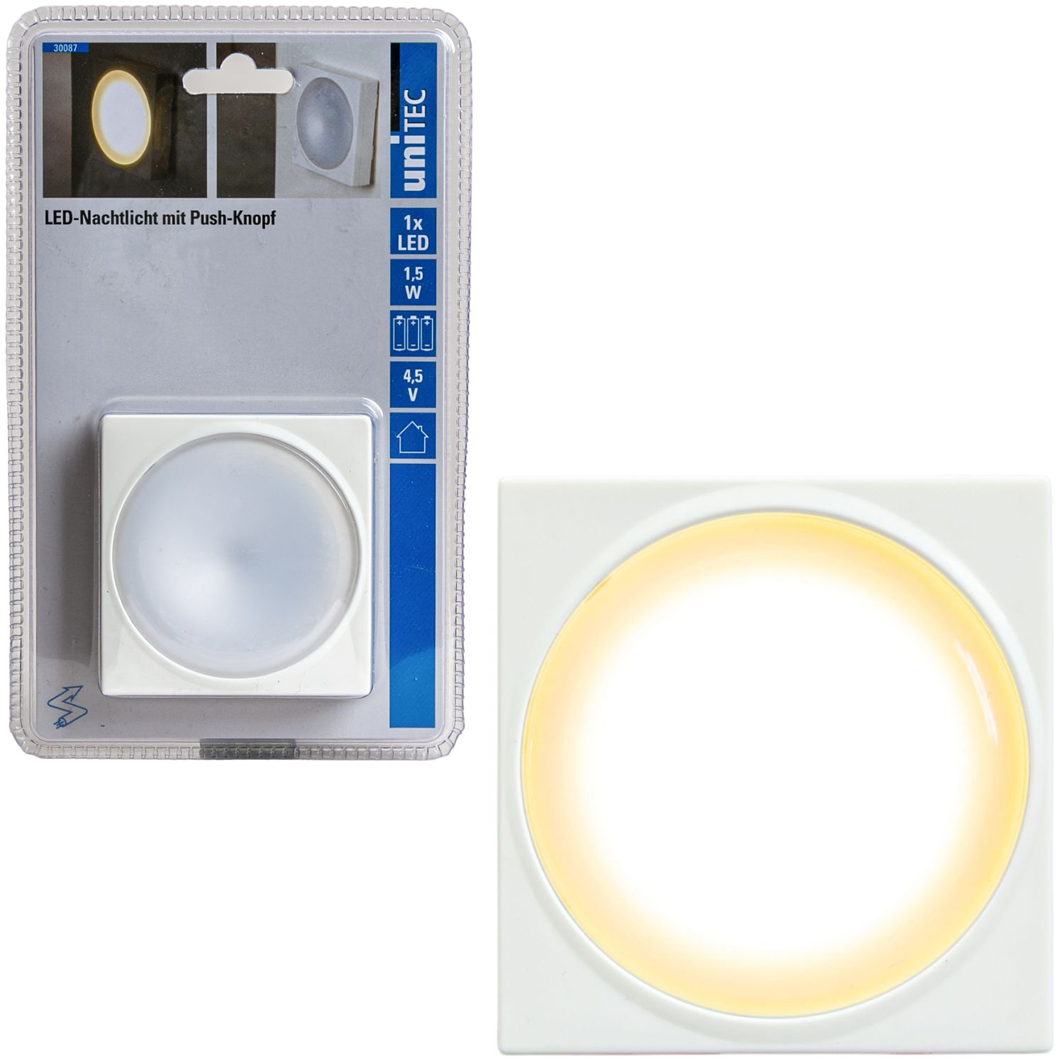 Ein weißes LED-Nachtlicht mit Druckknopf in Verpackung und einzeln.