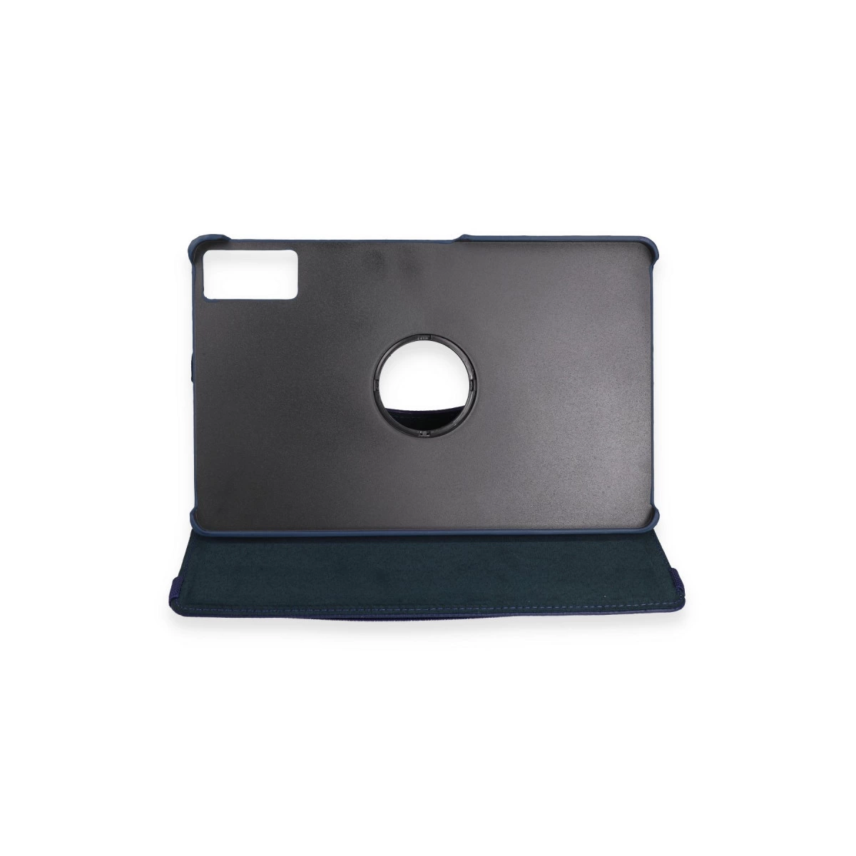 Mavi süslemeli koyu gri tablet kılıfı, kamera kesiği ve katlanabilir standı gösteriyor.