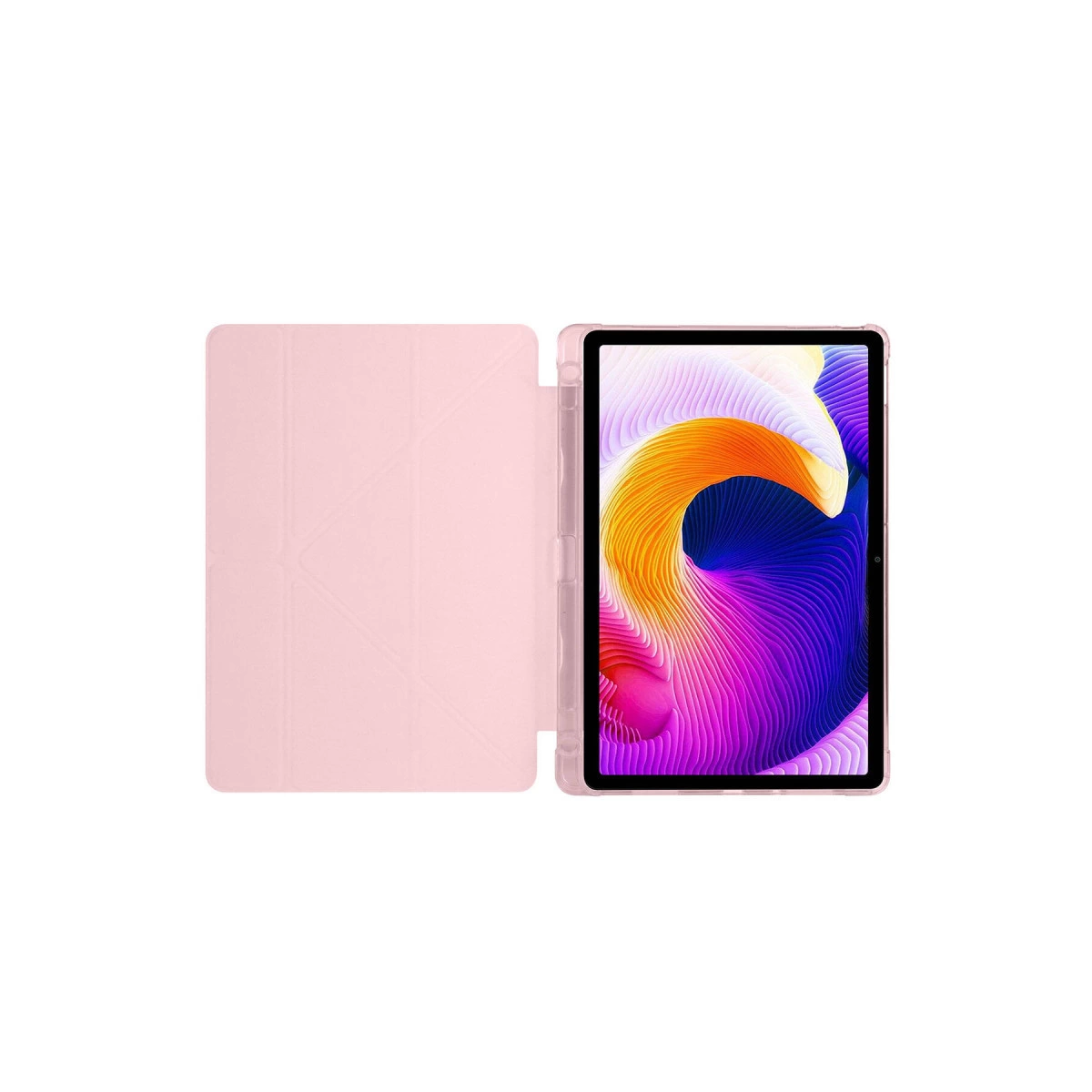 Renkli, soyut bir ekran gösteren açık kapaklı pembe tablet.