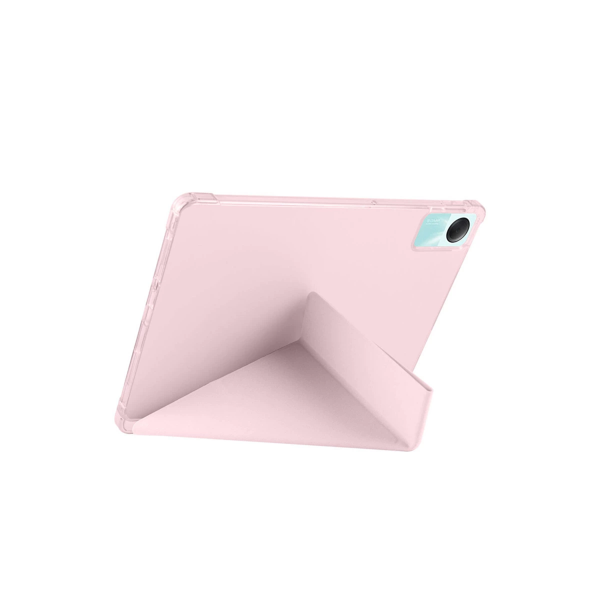 Şeffaf kılıflı pembe tablet standı.