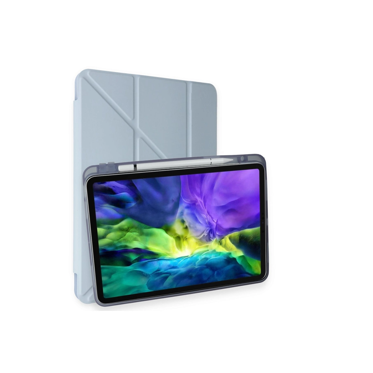 Açık mavi tablet kılıfı açık duruyor, renkli soyut duvar kağıtlı bir tableti tutuyor.