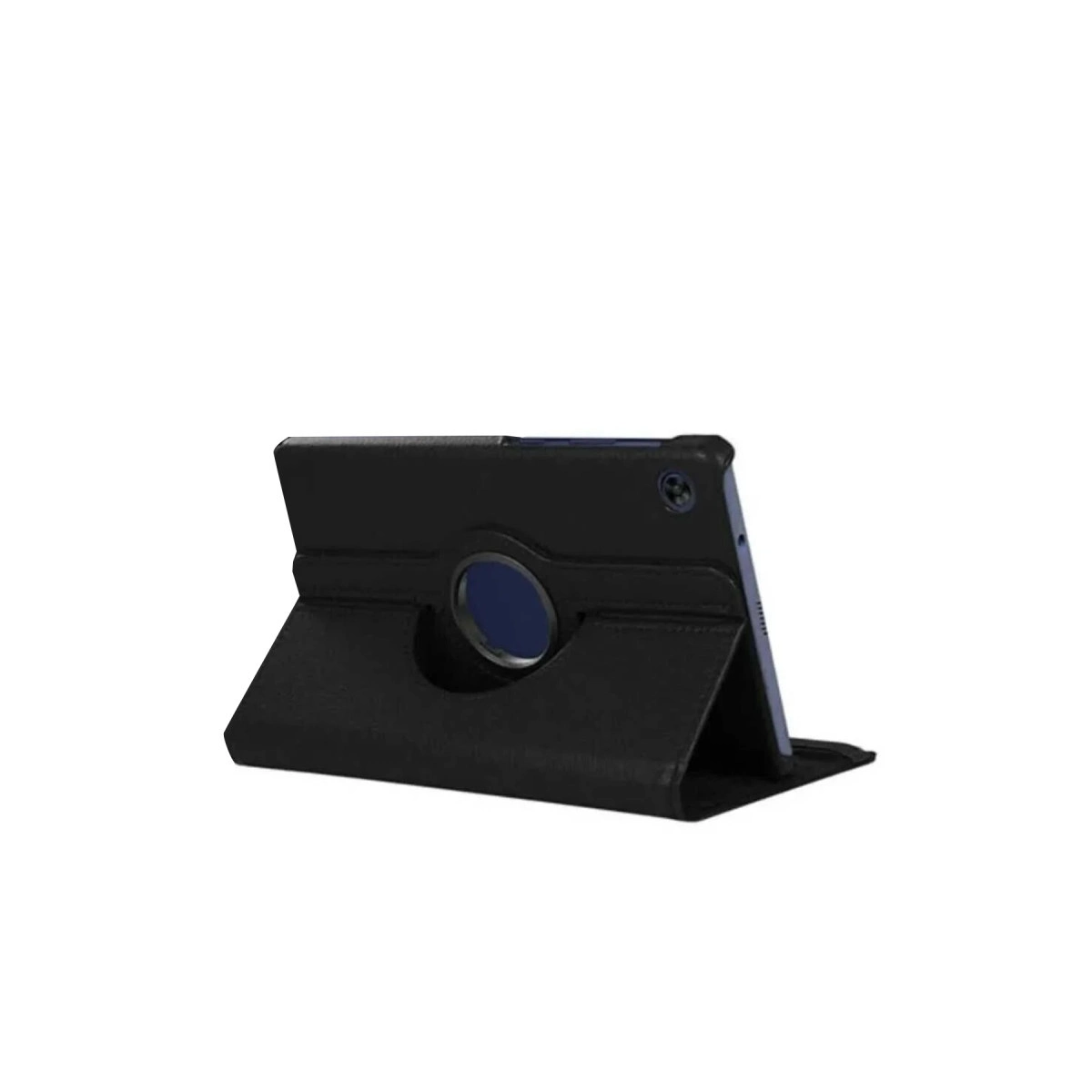 Mavi halkalı, ayakta duran siyah deri kılıfta siyah tablet.
