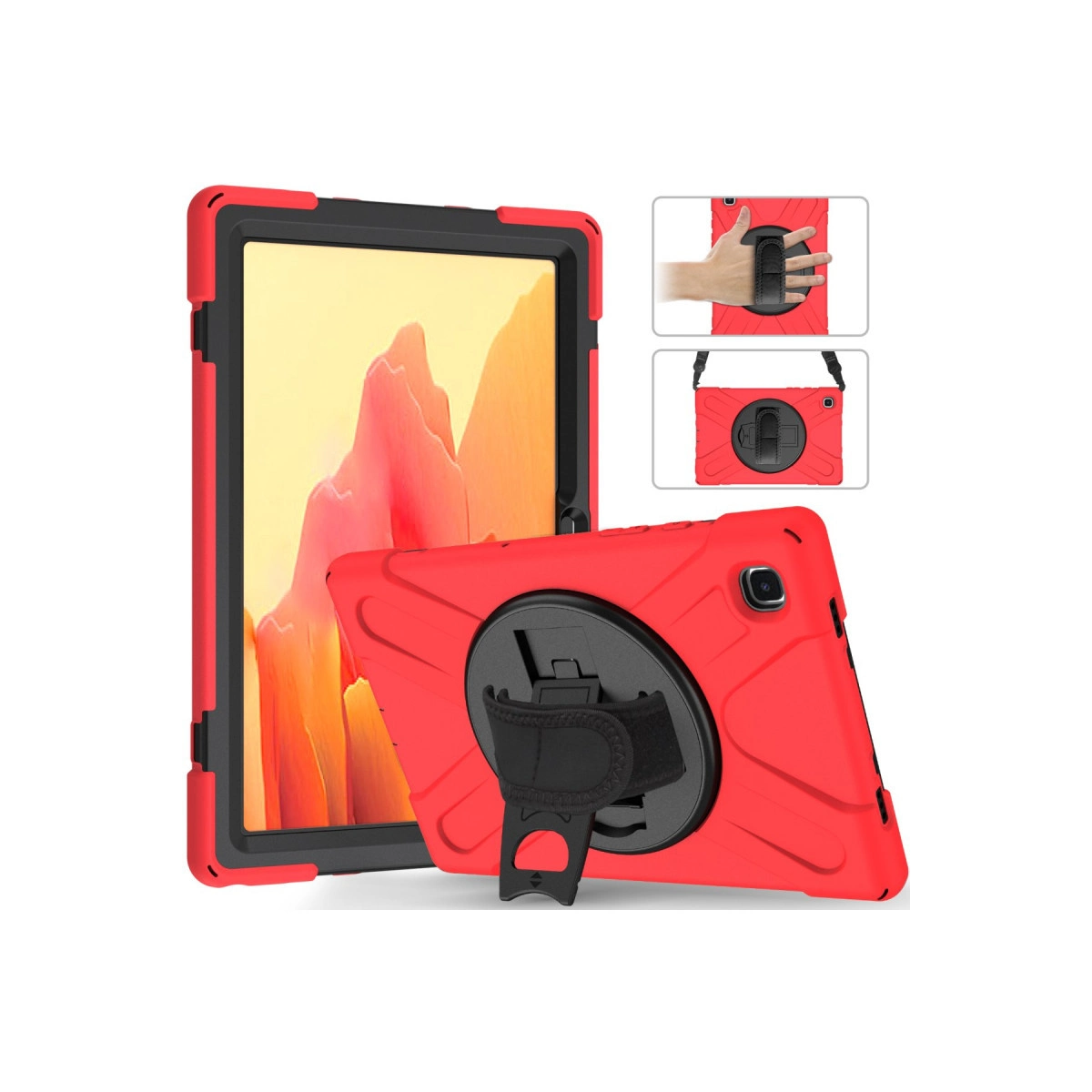 Standlı ve tutamaklı kırmızı tablet kılıfı. Ön ve arka görünümleri gösterir.