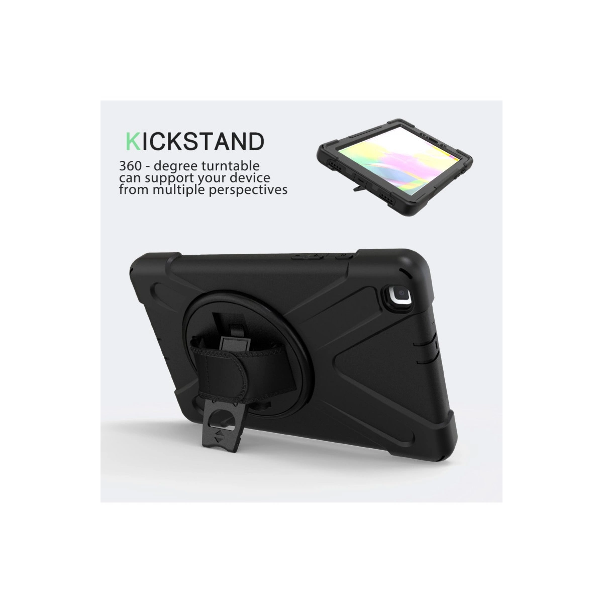 Entegre stantlı ve el kayışlı siyah tablet kılıfı.