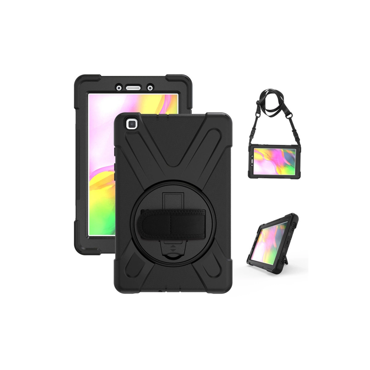 Standlı, askılı, tableti olan siyah sağlam tablet kılıfı.