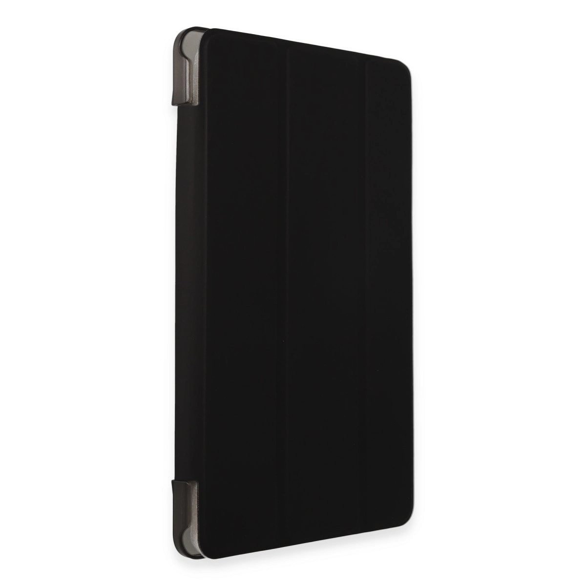 Gümüş köşe klipsli siyah tablet standı, dikey konumda gösteriliyor.