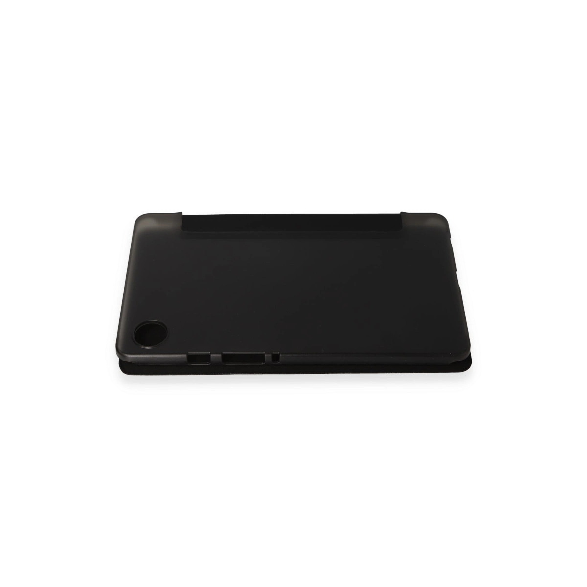 Kamera ve düğmeler için kesikleri olan siyah tablet kılıfı.