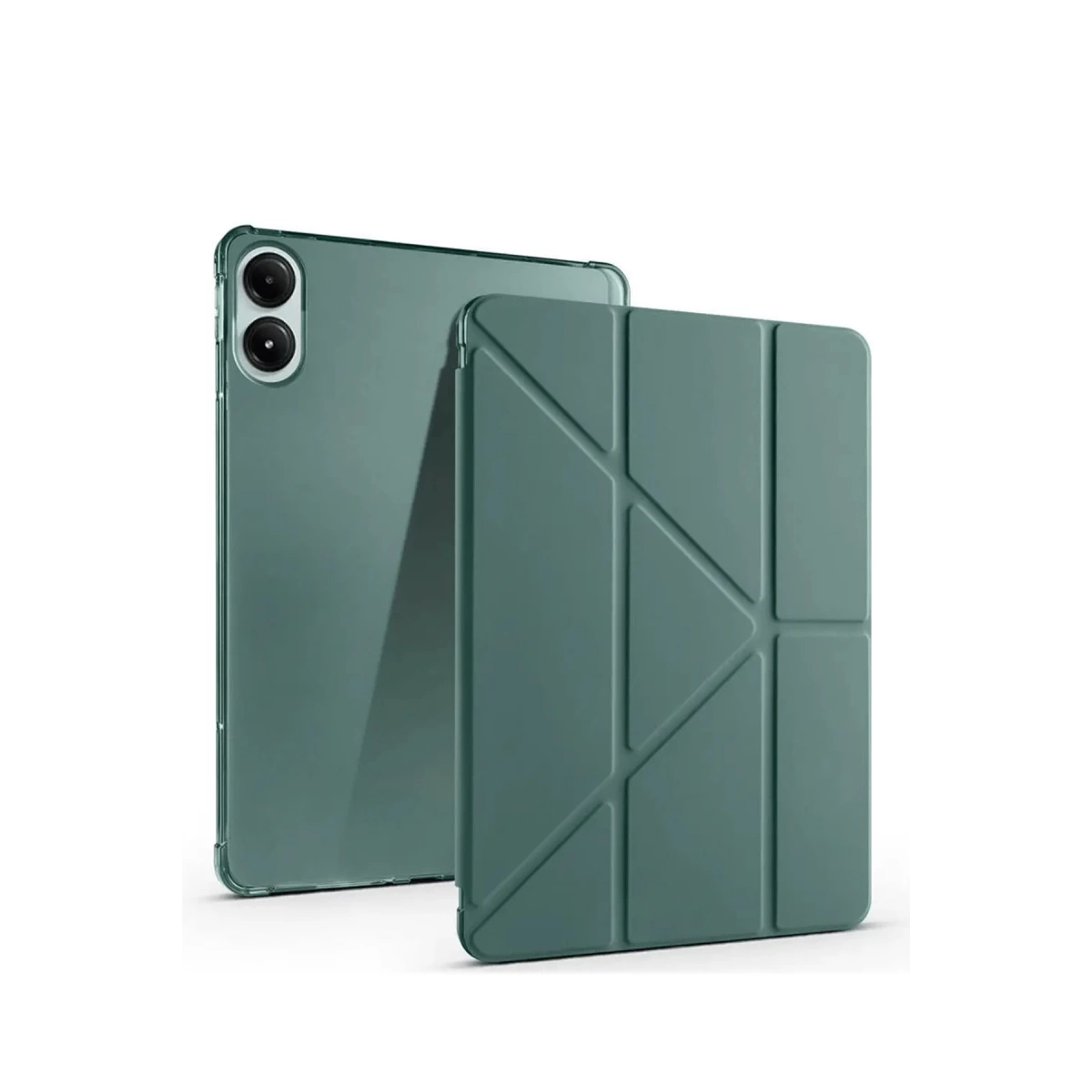 Geometrik kılıflı turkuaz tablet beyaz yüzeyde duruyor.