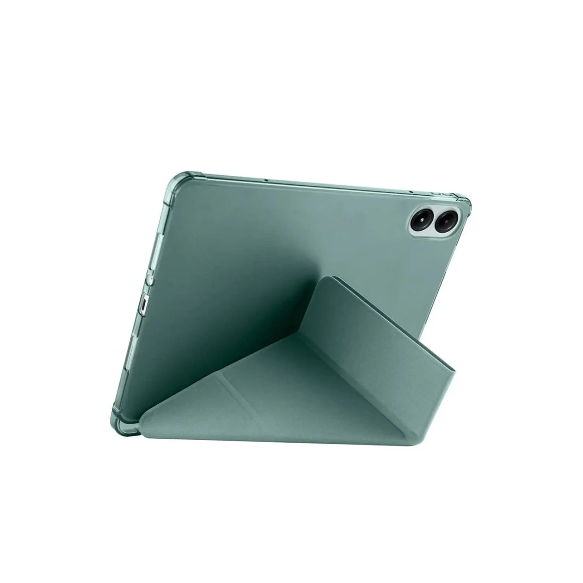 Beyaz arka planda standlı yeşil tablet.