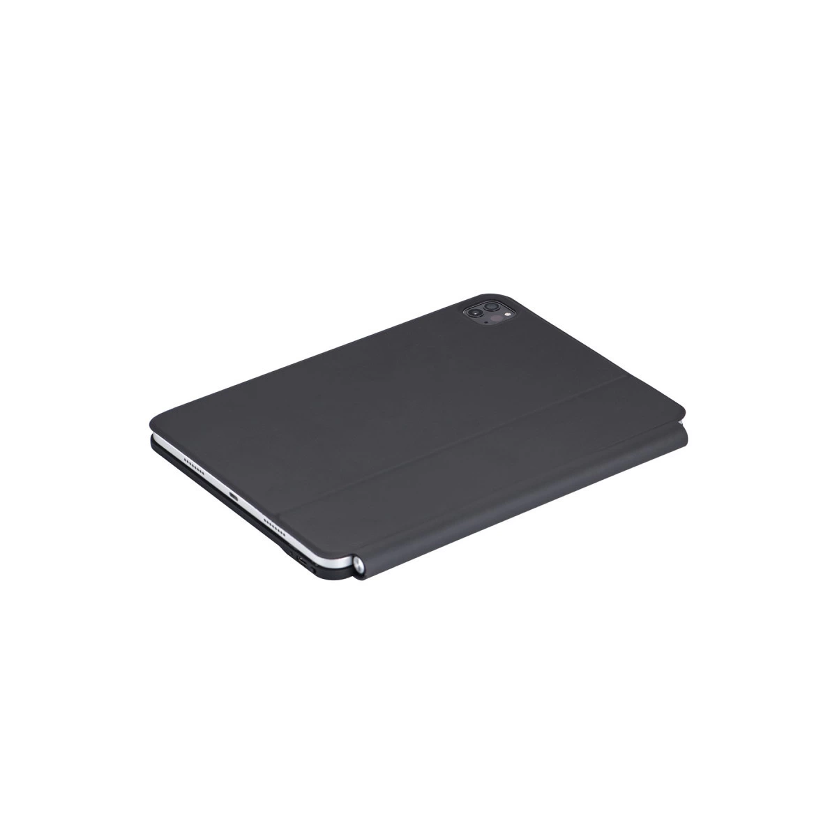 Beyaz bir yüzeyde duran, kılıflı koyu renkli tablet.