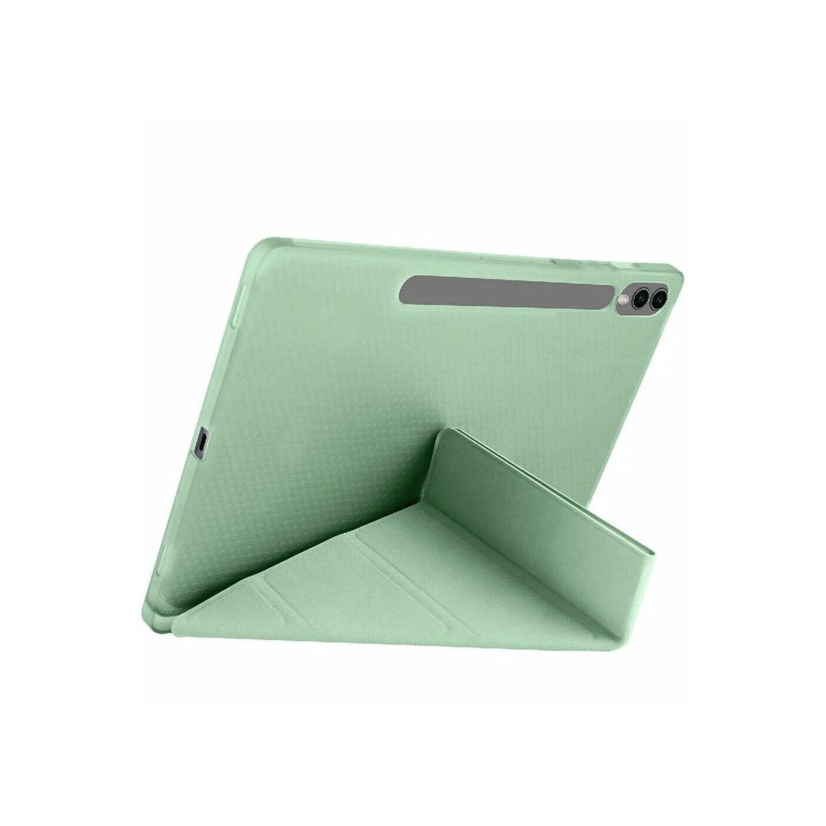 Standlı yeşil tablet. Kılıf petek dokuludur. Beyaz arka plan.