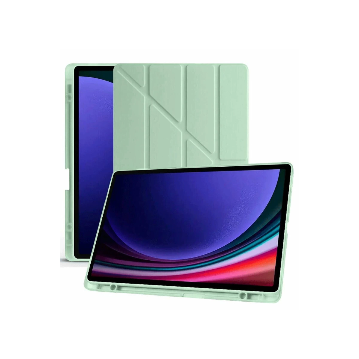 Beyaz arka plan üzerinde geometrik desenli iki açık yeşil tablet kılıfı.