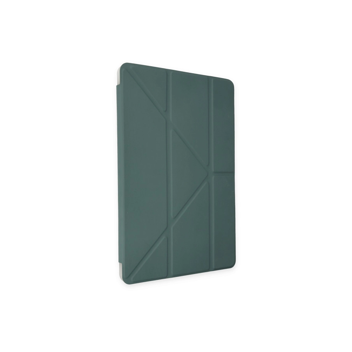 Geometrik katlanabilir tasarımlı koyu yeşil tablet kılıfı.