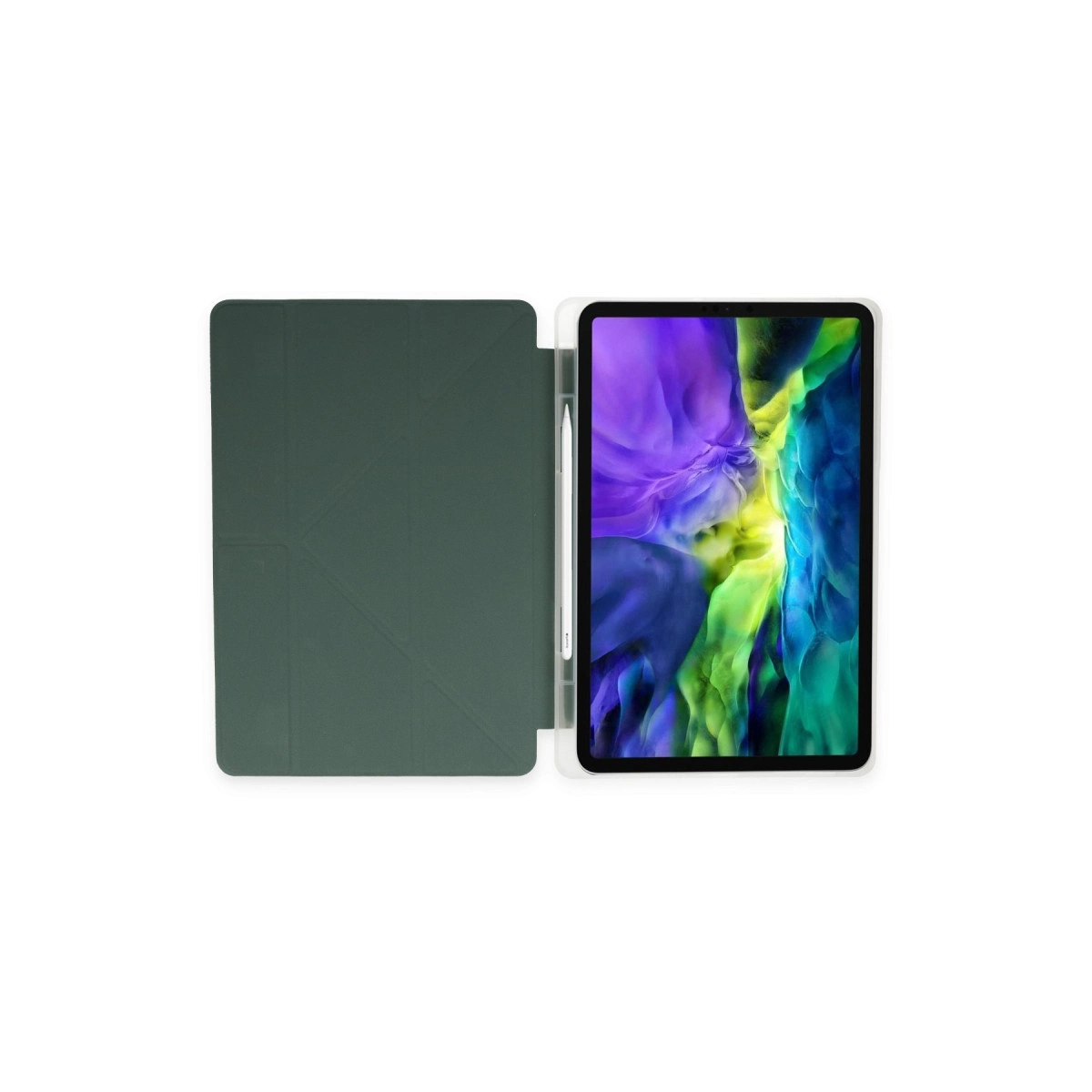 Yeşil kapaklı ve kalemli açık tablet. Ekran renkli bir görüntü gösteriyor.