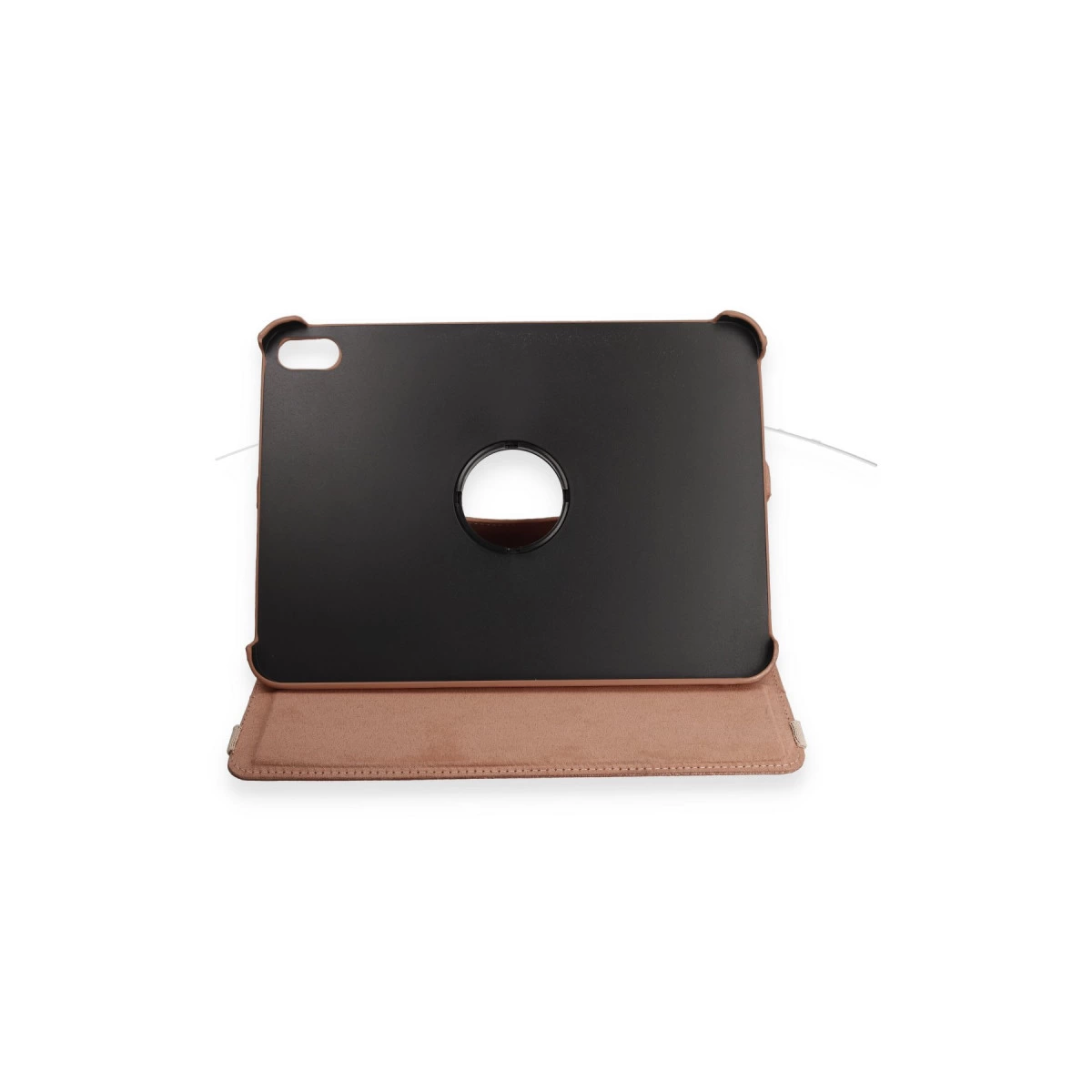 Yuvarlak kesimli siyah arkalı kahverengi tablet standı.