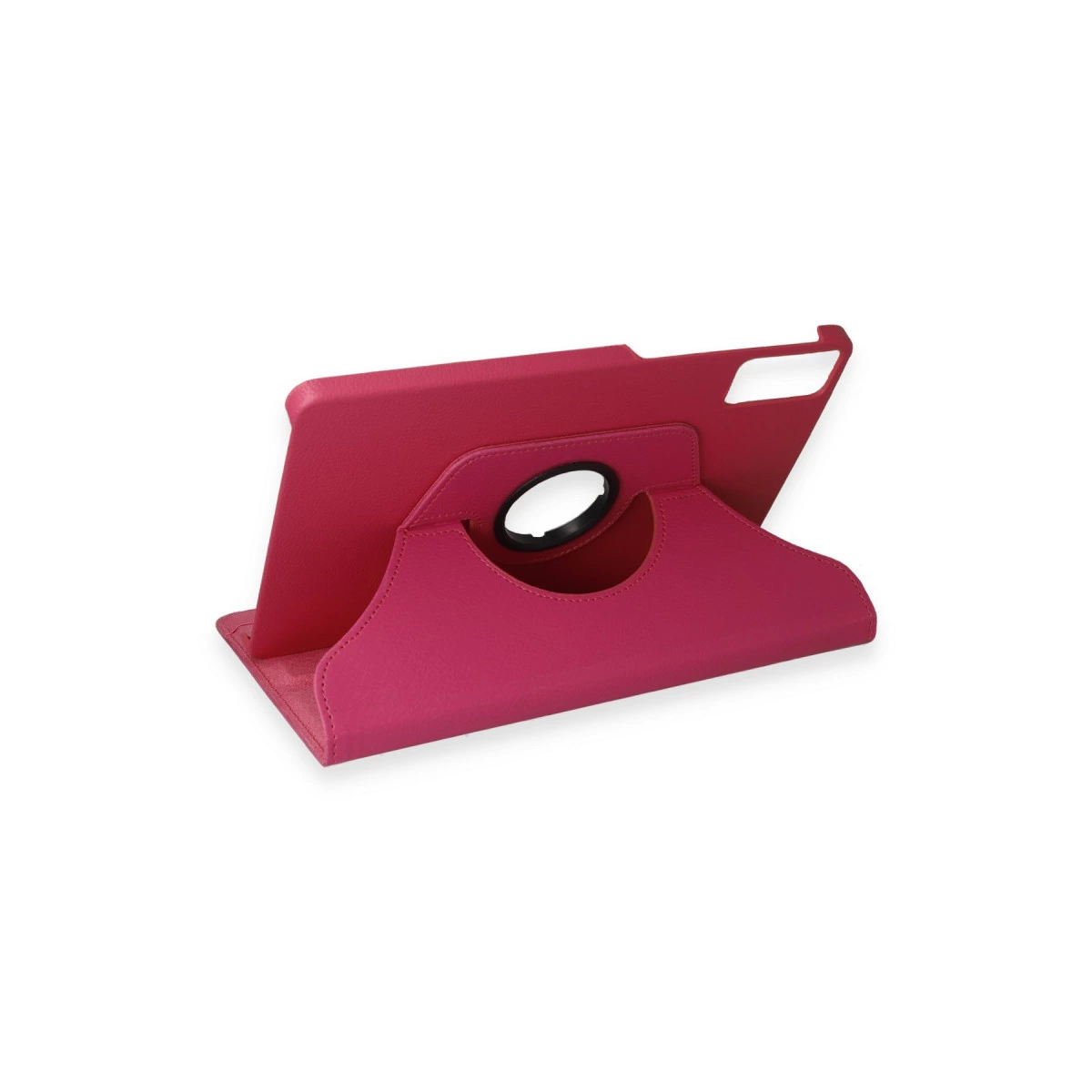 Pembe tablet kılıfı, dairesel kesik ve tutamaklı, beyaz arka plan üzerinde.