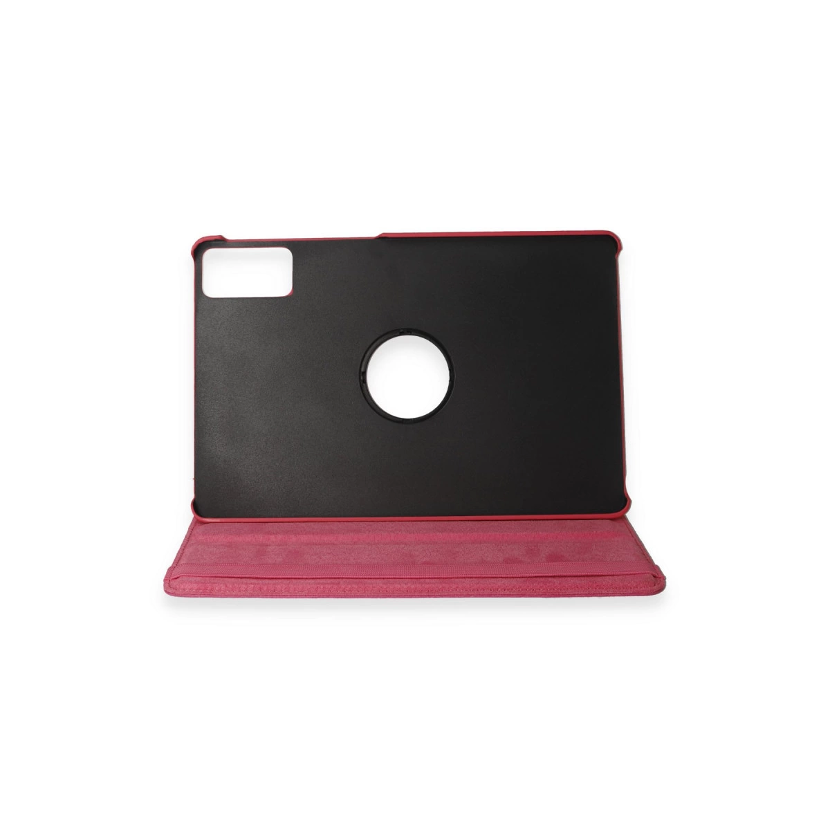 Siyah arka ve kamera kesimli pembe tablet standı.