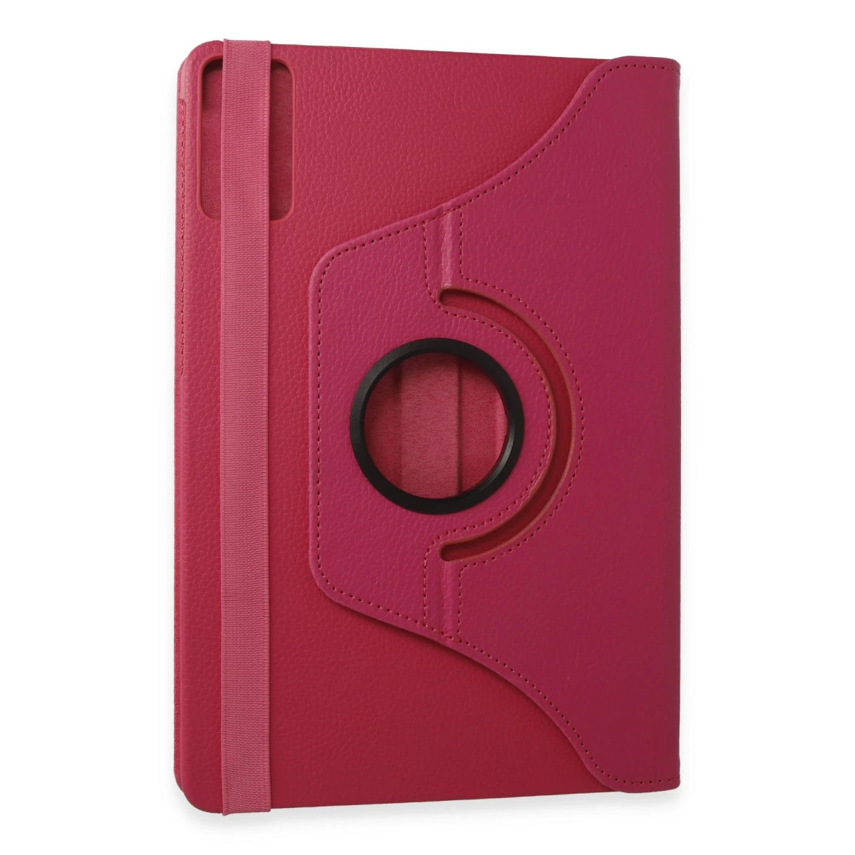 Siyah halkalı ve kayışlı pembe tablet kılıfı.